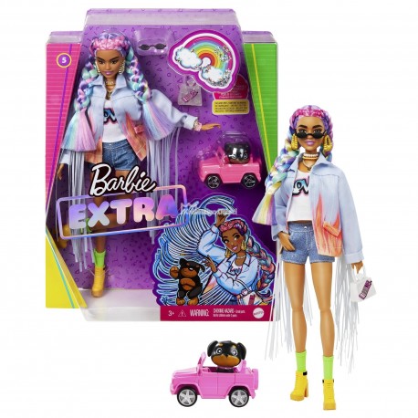 MATTEL - BARBIE EXTRA - MODNA LALKA RÓŻOWA PUCHATA KURTKA + ZWIERZĄTKO - GRN27 GRN28
